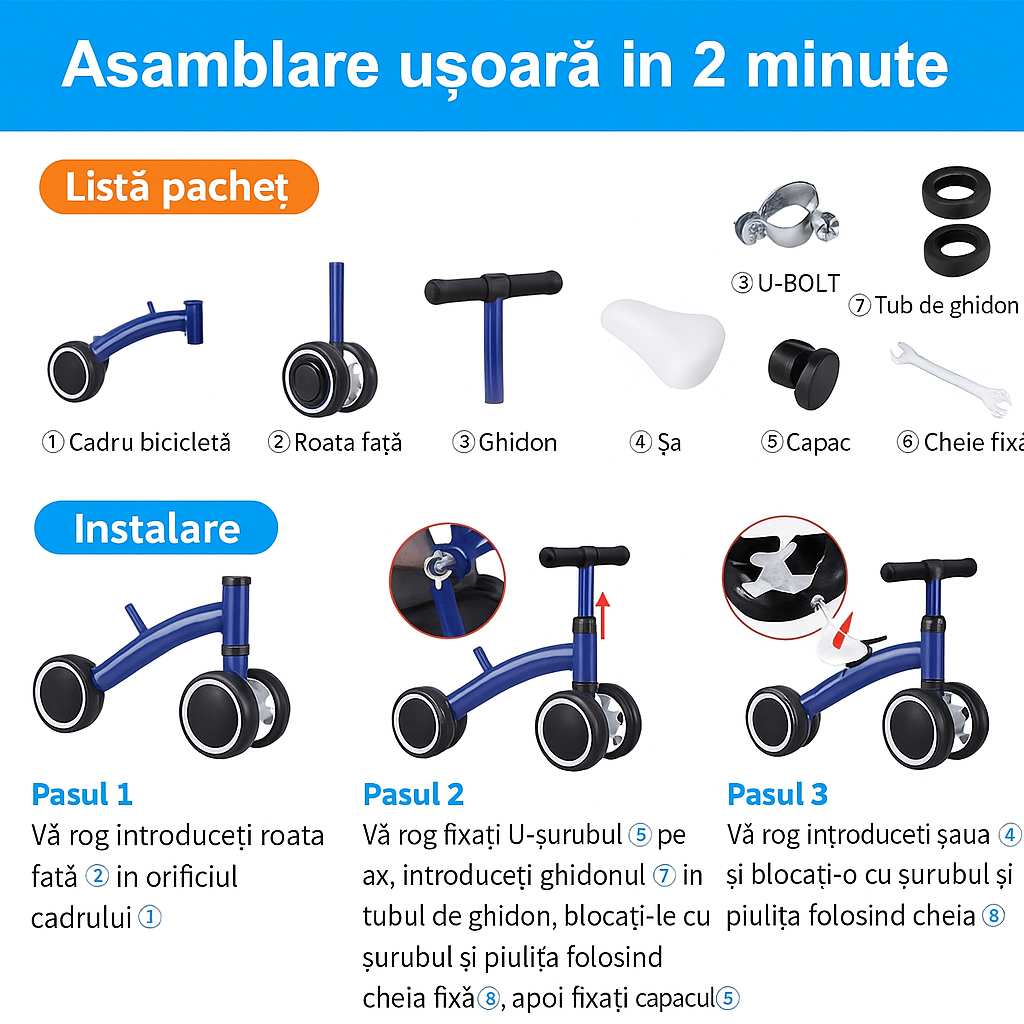 Bicicleta fara pedale pentru copii, Zola®, 4 roti spuma EVA, inaltime 42 cm, diametru roti 12.5 cm, albastra Bicicleta fara pedale pentru copii, Zola®, 4 roti spuma EVA, inaltime 42 cm, diametru roti 12.5 cm, albastra